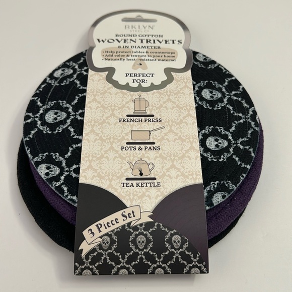 3pc BKLYN Steel Co. Round Woven Trivet Set- Purple Skulls -8” In Diameter - Picture 1 of 7